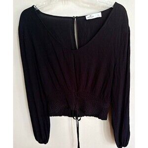 Hollister‎ Black Crop Top Women's Large Long Sleeve Smocked Waist Lace Up Blouse